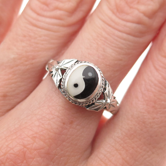 925 Sterling Silver Vintage Real Black & White Onyx Yin Yang Ring Size 9.25