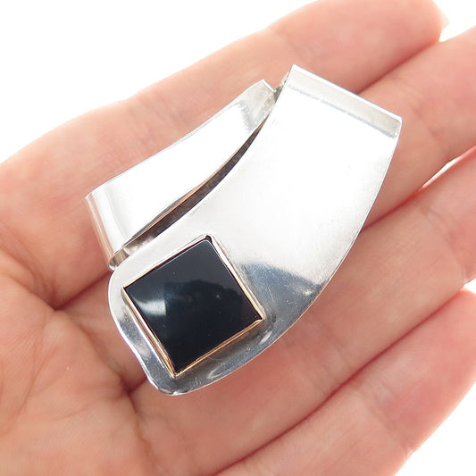 925 Sterling Silver 14K Gold Vintage Real Black Onyx Modernist Pin Brooch