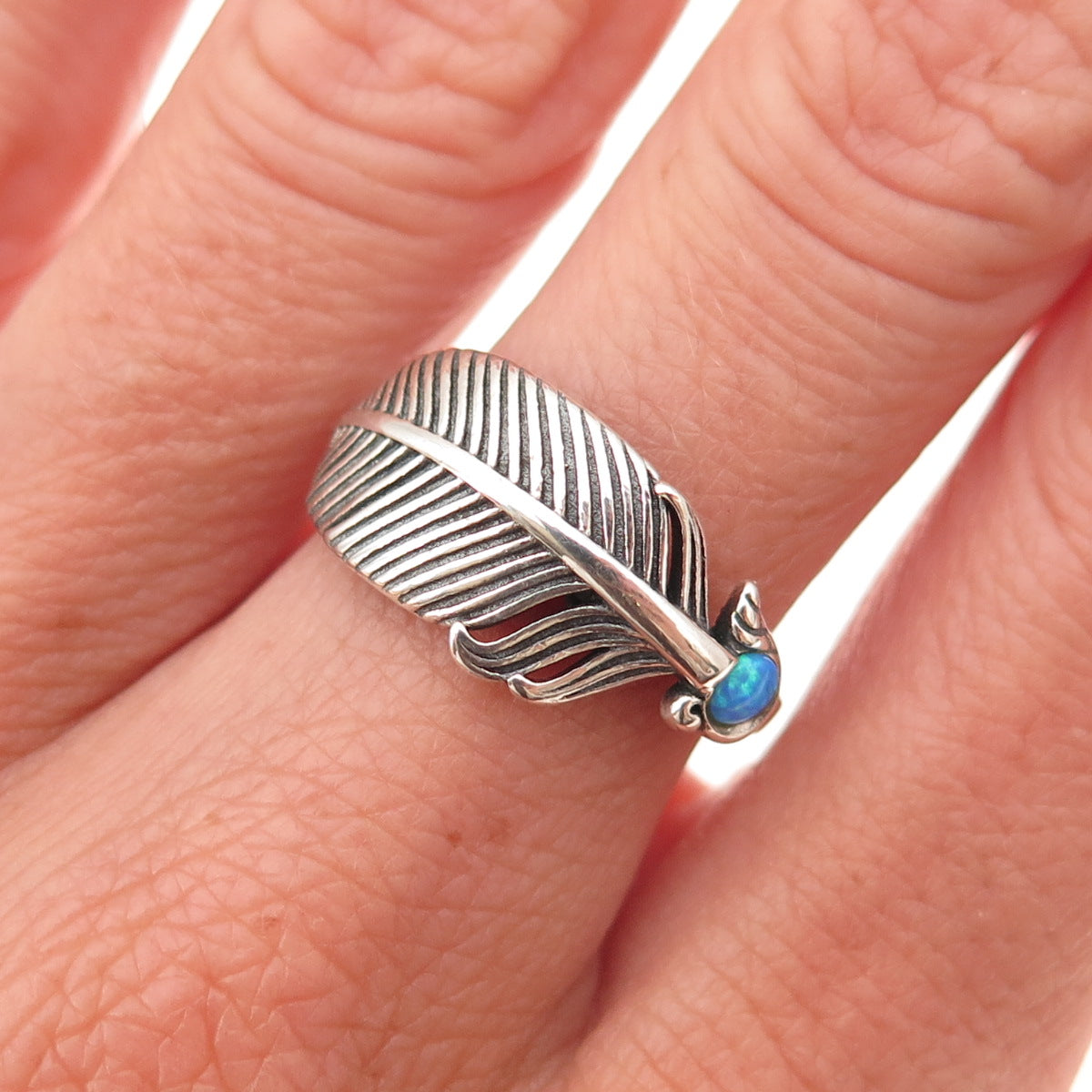 925 Sterling Silver Vintage Real Opal Feather Oxidized Ring Size 7