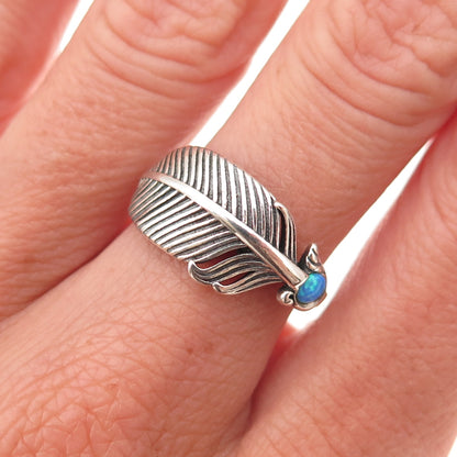 925 Sterling Silver Vintage Real Opal Feather Oxidized Ring Size 7