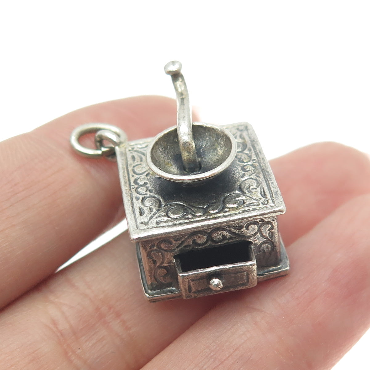 DANECRAFT Sterling Silver Antique Coffee Grinder Mechanical Minimalist Pendant