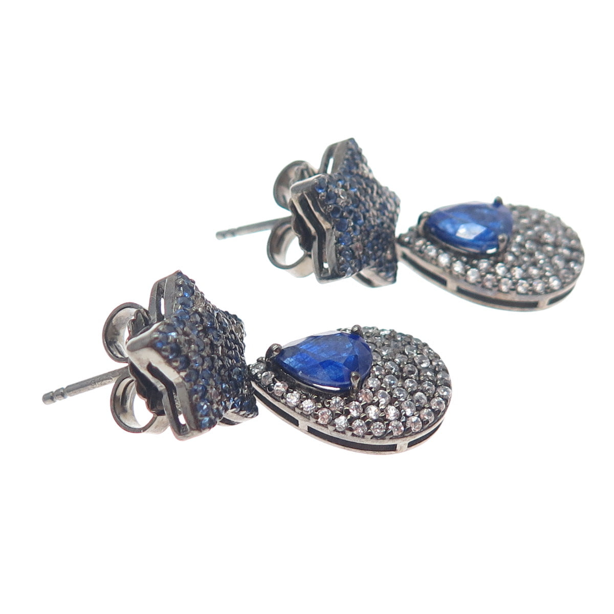 DSMK 925 Sterling Silver Black Rhodium Real Sapphire & Topaz Dangle Earrings