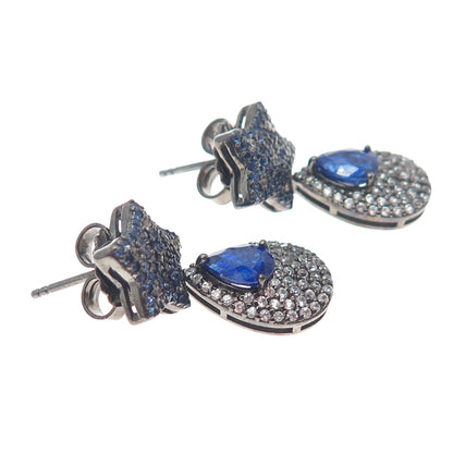 DSMK 925 Sterling Silver Black Rhodium Real Sapphire & Topaz Dangle Earrings