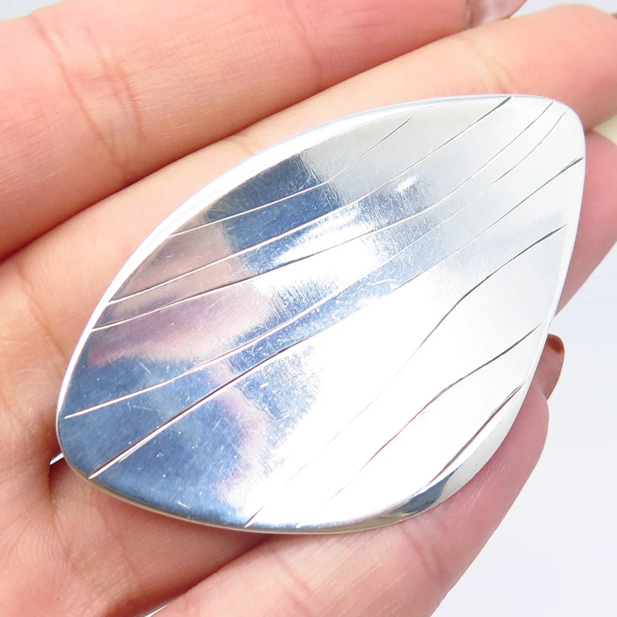 925 Sterling Silver Vintage Striped Large Pin Brooch