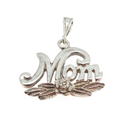 925 Sterling Silver Vintage "MOM" Rose Floral Charm Pendant