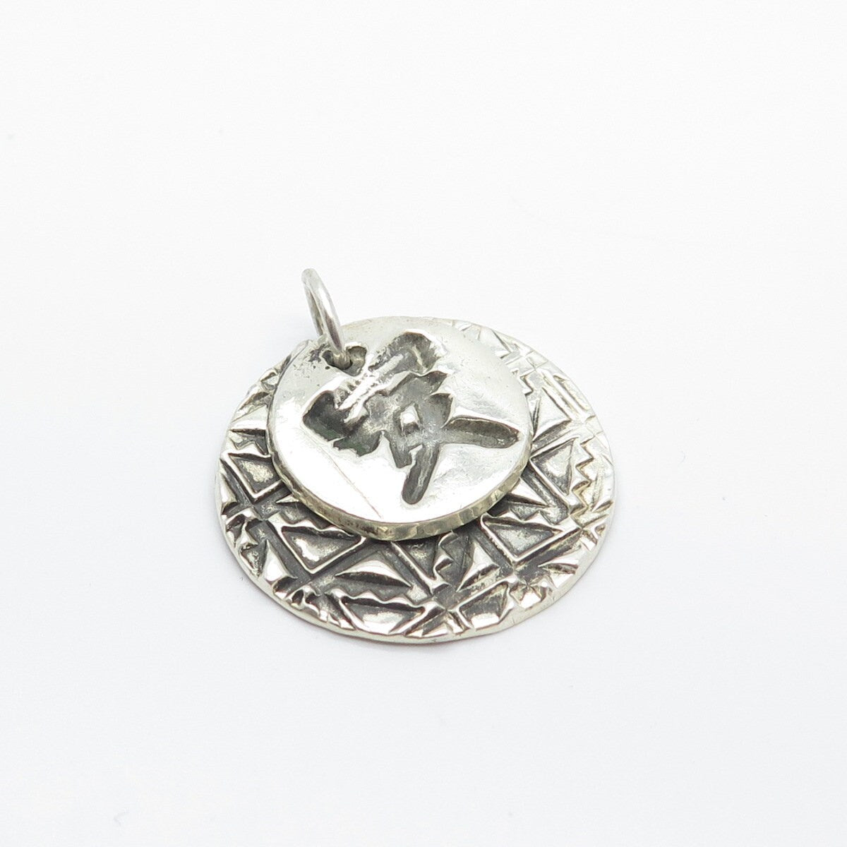 925 Sterling Silver Vintage Textured Chinese Character Round Pendant
