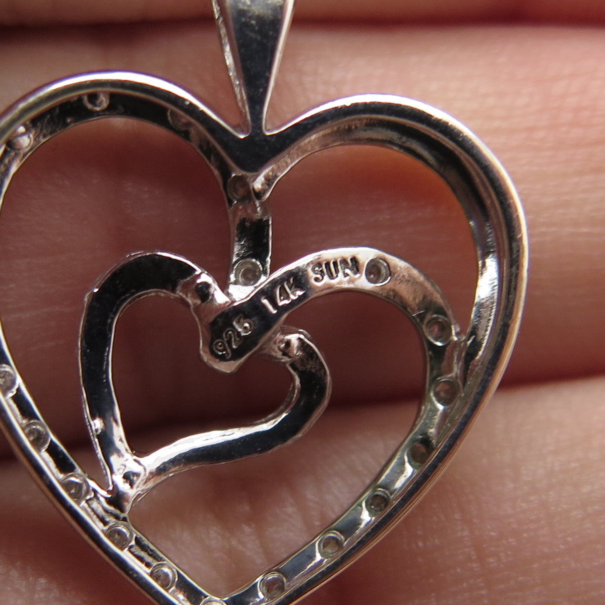 SUN 14K Rose Gold & 925 Sterling Silver Real Round-Cut Diamond Heart Pendant