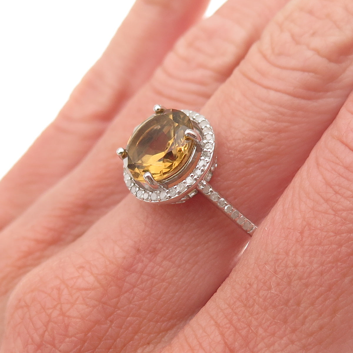 925 Sterling Silver Real Round-Cut Diamond & Smoky Quartz Ring Size 8