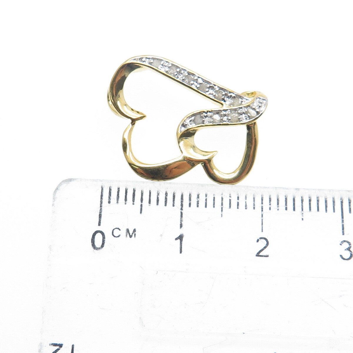 925 Sterling Silver Gold Plated Real Round-Cut Diamond Two Hearts Mini Pendant