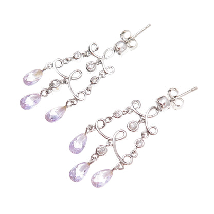 925 Sterling Silver Real Amethyst & C Z Chandelier Dangle Earrings