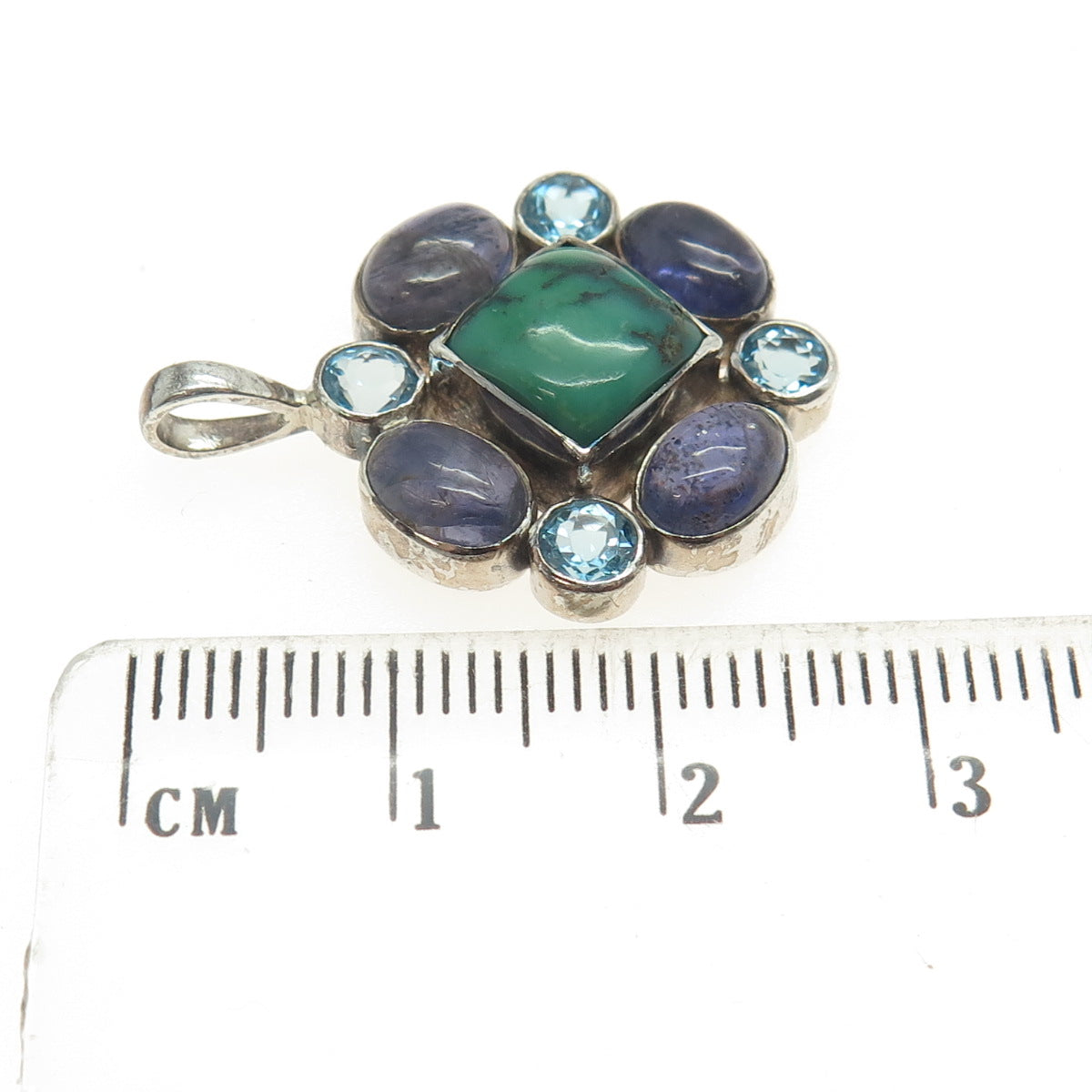 925 Sterling Silver Vintage Real Turquoise Amethyst & Blue Topaz Gem Pendant