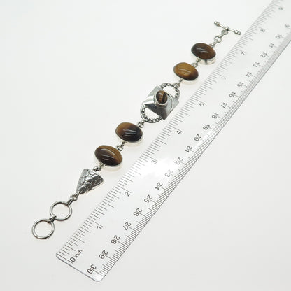 925 Sterling Silver Vintage Real Tiger Eye Modernist Link Bracelet 6-6.75"
