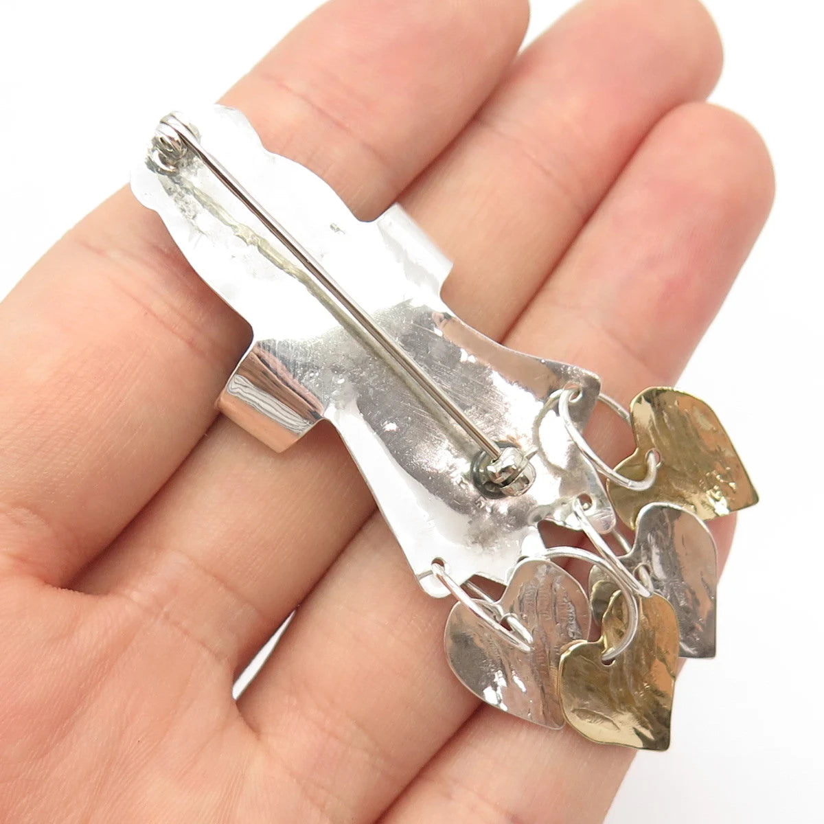 925 Sterling Silver 2-Tone Vintage Snowman & Heart Dangling Pin Brooch