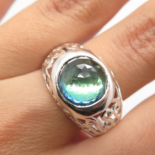 925 Sterling Silver Vintage Real Mystic Quartz Ornate Round Ring Size 9