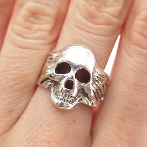 925 Sterling Silver Vintage Skull & Wings Oxidized Biker Ring Size 7