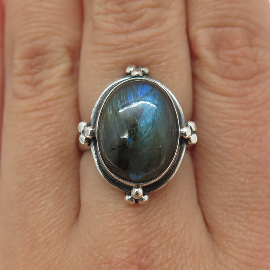 925 Sterling Silver Vintage Real Labradorite Oxidized Ring Size 7.5