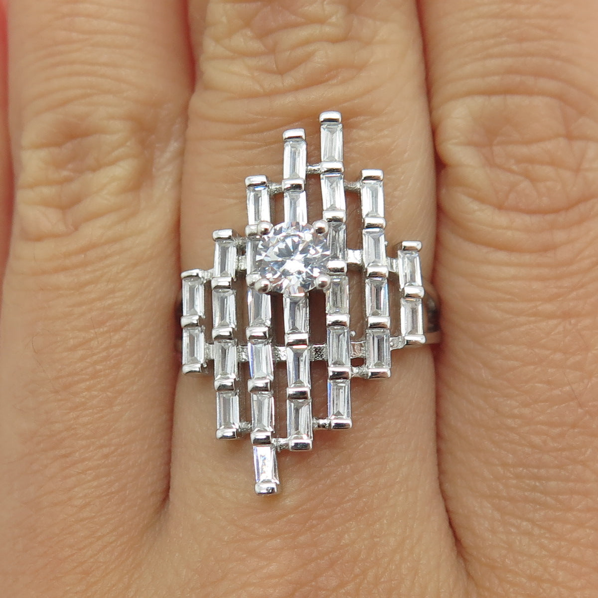 925 Sterling Silver Baguette & Round-Cut C Z Ring Size 7.75