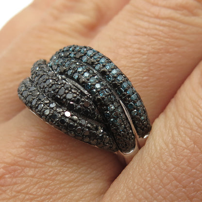 925 Sterling Silver Real Round-Cut Black & Blue Diamond Ring Size 10.25