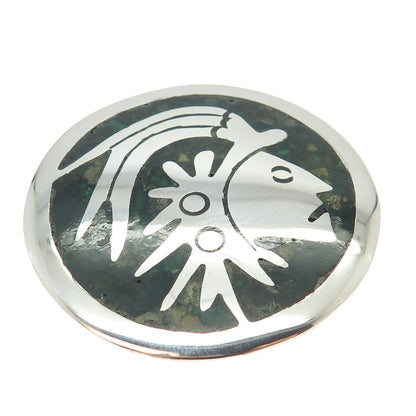 925 Sterling Silver Vintage Mexico Real Azurite Inlay Aztec Warrior Pin Brooch