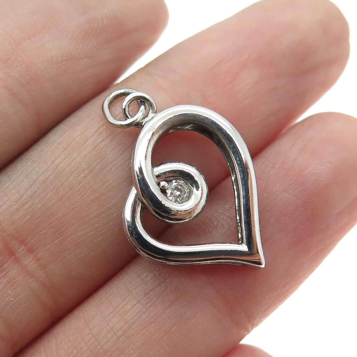 925 Sterling Silver Real Round-Cut Diamond Heart Charm Pendant