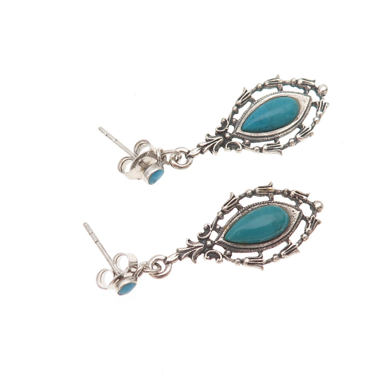 925 Sterling Silver Vintage Real Turquoise Floral Oxidized Dangle Earrings
