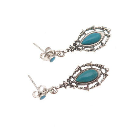925 Sterling Silver Vintage Real Turquoise Floral Oxidized Dangle Earrings