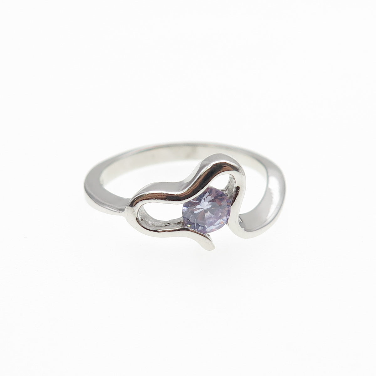 925 Sterling Silver Round-Cut Lavender C Z Heart Ring Size 6.75