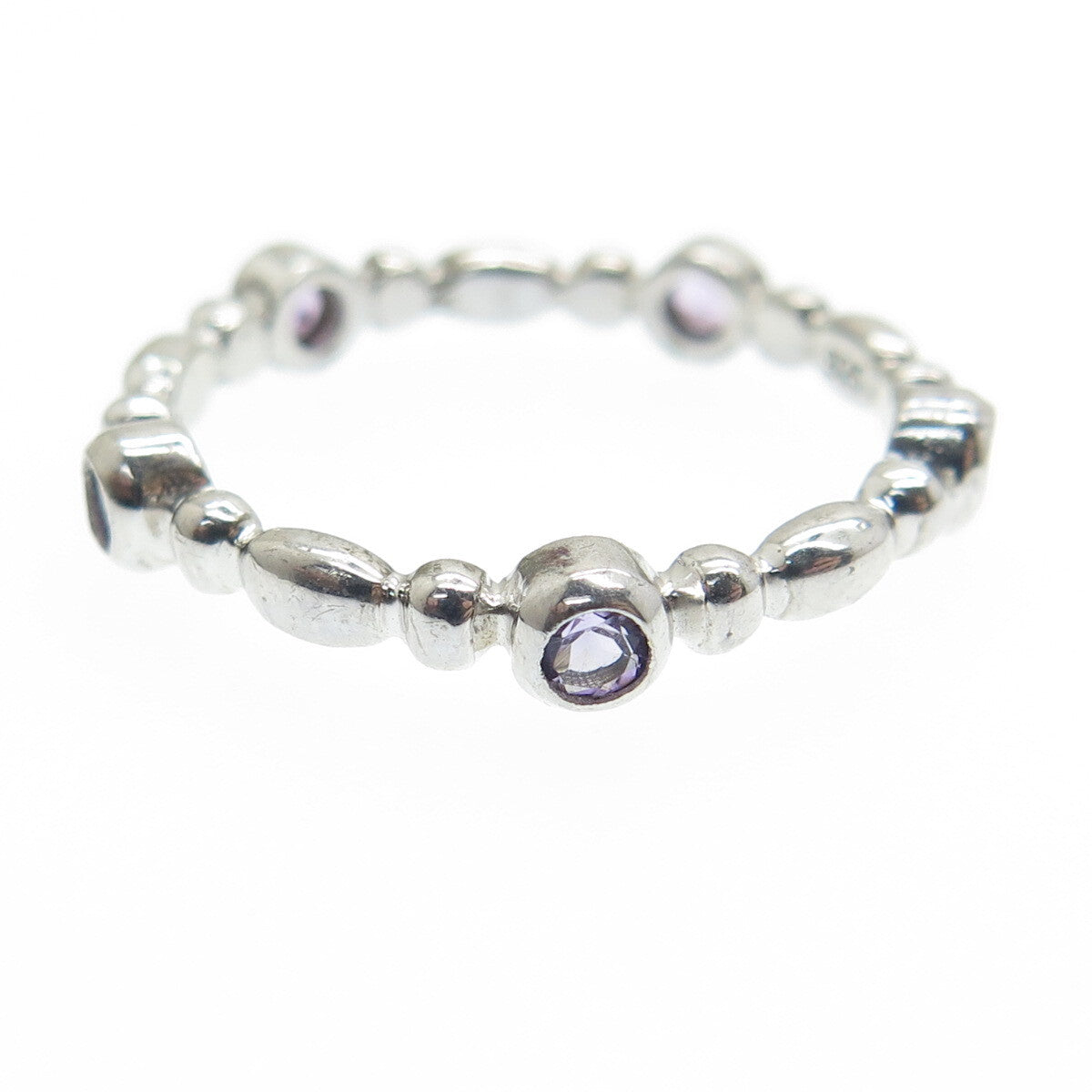 925 Sterling Silver Real Round-Cut Amethyst Gem Beaded Band Ring Size 7