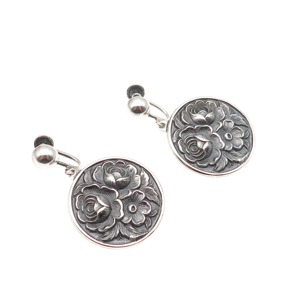 925 Sterling Antique Art Deco Floral Repousse Oxidized Screw Back Earrings