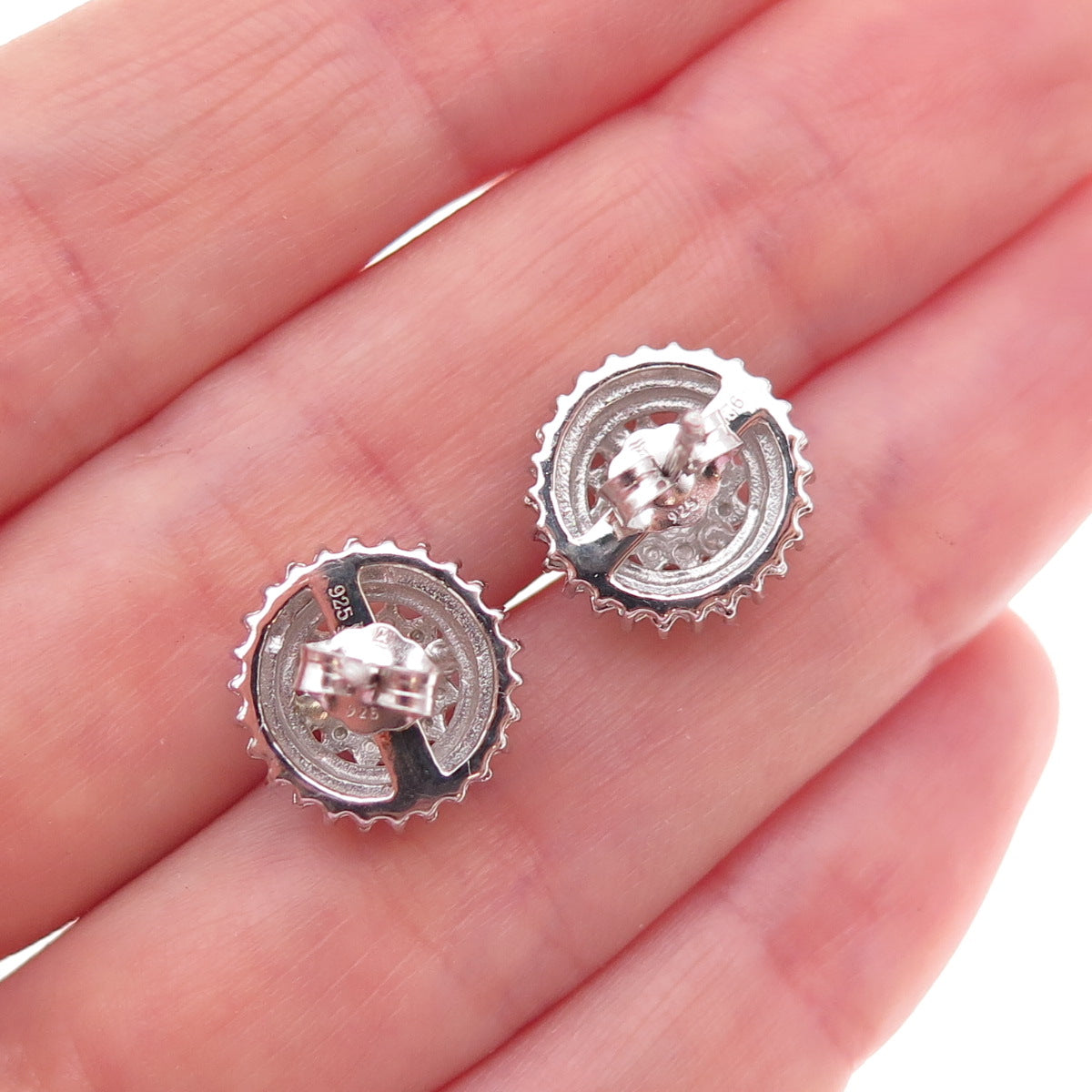 925 Sterling Silver Real Round-Cut Diamond Sun Stud Earrings