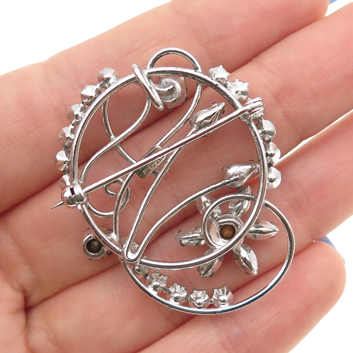 CARL ART 925 Sterling Silver Antique Art Deco Rhinestone Swirl Pin Brooch