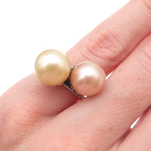 925 Sterling Silver Antique Art Deco Faux Pearl Bypass Adjustable Ring Size 3.75