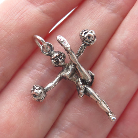 925 Sterling Silver Vintage Cheerleader Oxidized Minimalist 3D Charm Pendant