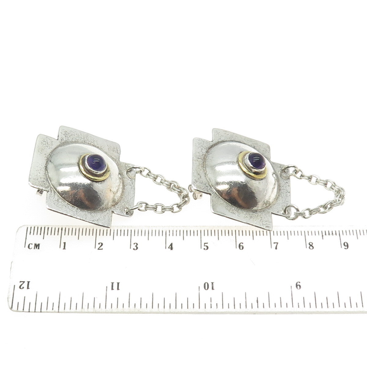 925 Sterling Silver 2-Tone Vintage SCB Real Amethyst Modernist Cross Earrings
