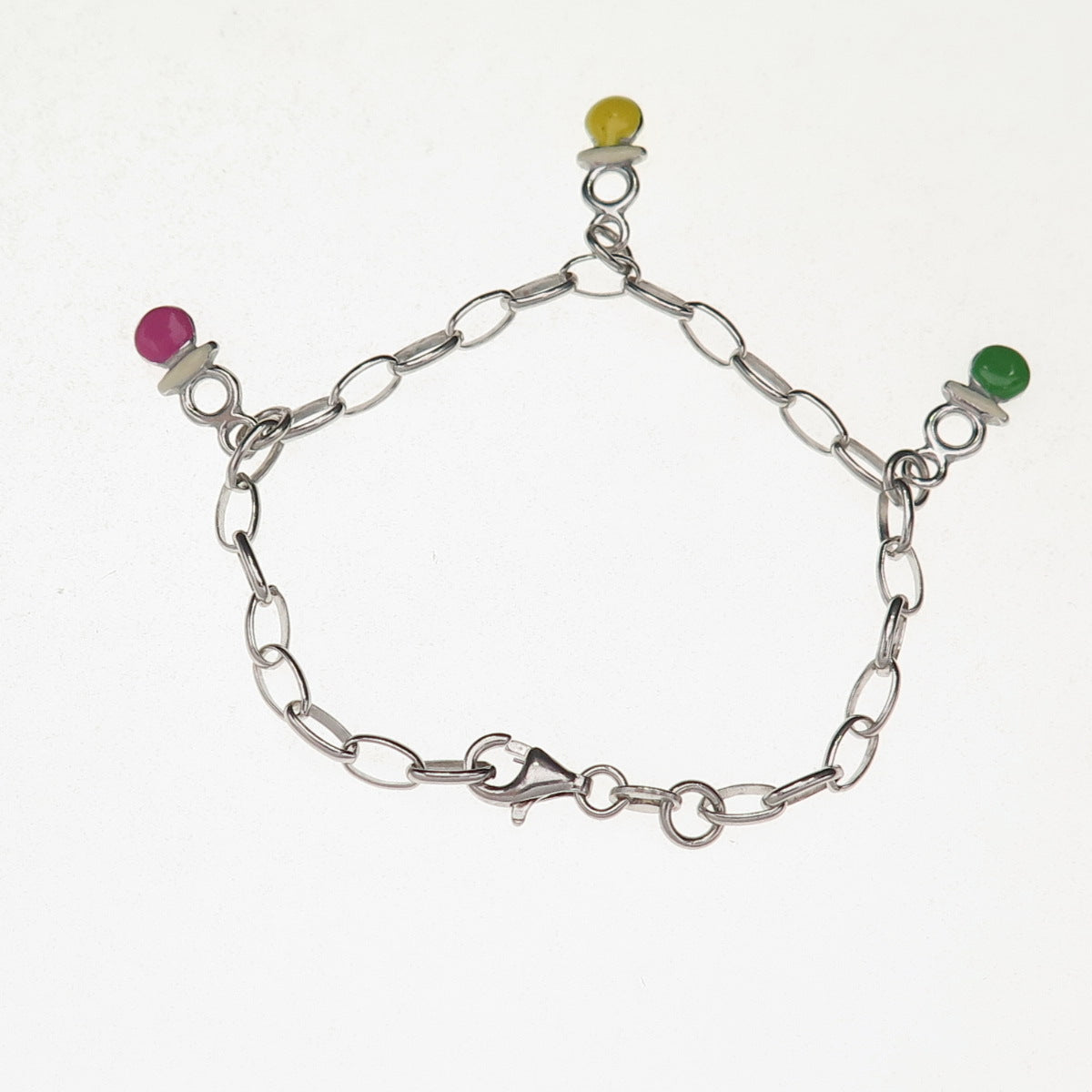 925 Sterling Italy Enamel Baby Pacifier Dangle Charm Oval Link Bracelet 5.75"