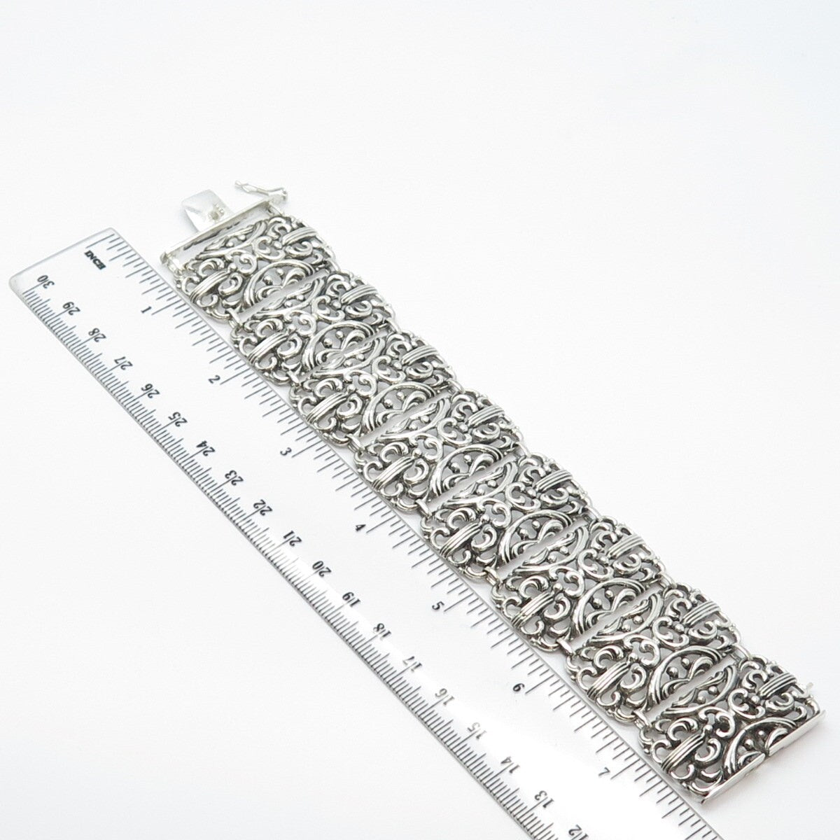 925 Sterling Silver Vintage Ornate Wide Panel Link Bracelet 7"