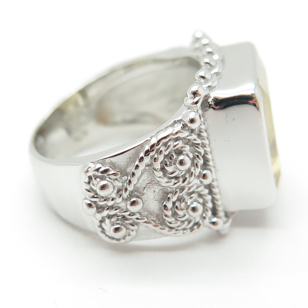 925 Sterling Silver Real Emerald-Cut Citrine Swirl Ring Size 6