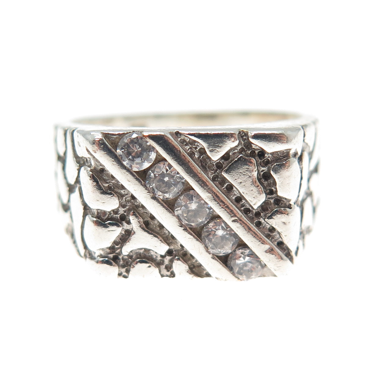 925 Sterling Silver Vintage Round-Cut C Z Dragon Skin Oxidized Ring Size 10.75