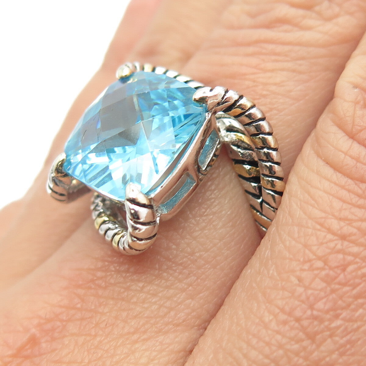 925 Sterling Silver Cushion-Cut Blue C Z Bypass Ring Size 7.25