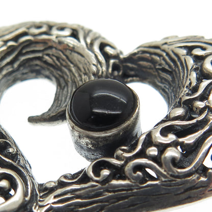 925 Sterling Silver Vintage Real Black Onyx Ornate Heart Oxidized Pendant