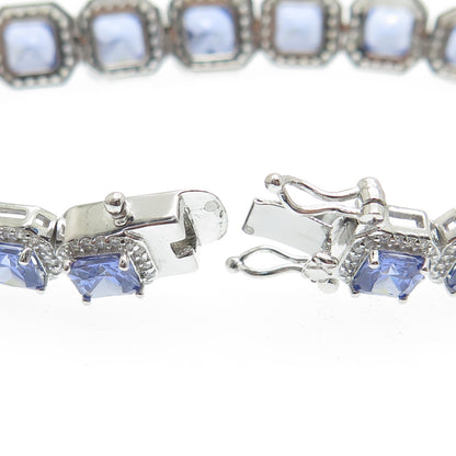 925 Sterling Silver Blue & White C Z Princess Link Bracelet 8"