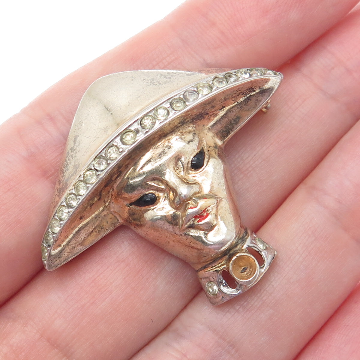 925 Sterling Gold Plated Antique Rhinestone Samurai Brooch (missing 3 stones)