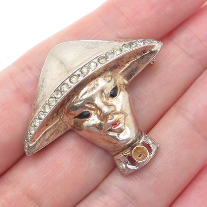 925 Sterling Gold Plated Antique Rhinestone Samurai Brooch (missing 3 stones)