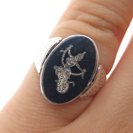 925 Sterling Antique Siam Niello Hindu Goddess Elephant Reversible Ring Size 2.5