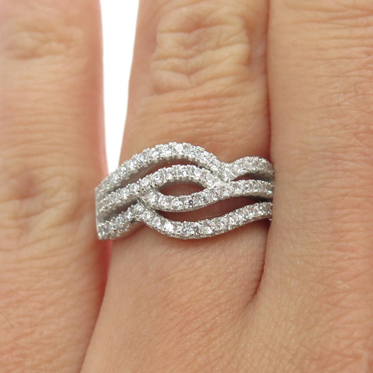 925 Sterling Silver Pave C Z Wavy Ring Size 6.25
