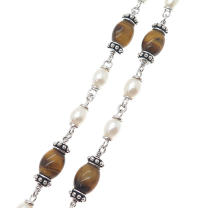 925 Sterling Silver Real Pearl & Tiger Eye Beaded Chain Necklace 16"