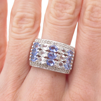 925 Sterling Silver Real Oval-Cut Tanzanite & White Topaz Cluster Ring Size 8