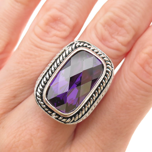 925 Sterling Silver Vintage Purple C Z Statement Oxidized Ring Size 6.5