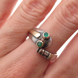 925 Sterling Silver 14K Gold Vintage Real Green Chalcedony Snake Ring Size 7