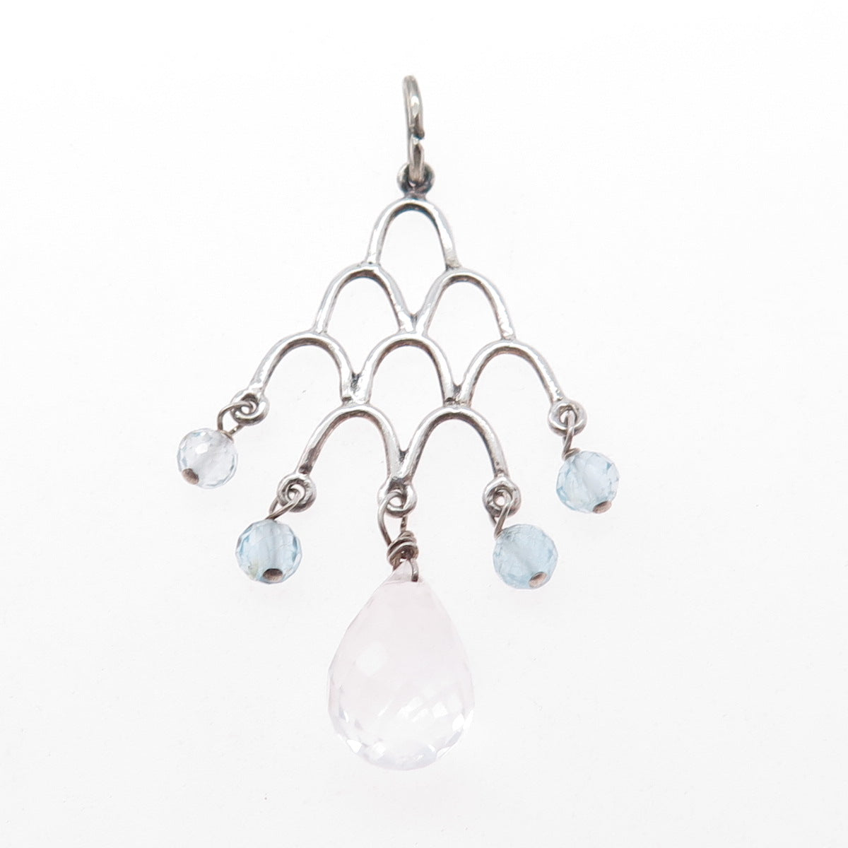 925 Sterling Silver Vintage Real Clear Quartz & Blue Topaz Chandelier Pendant
